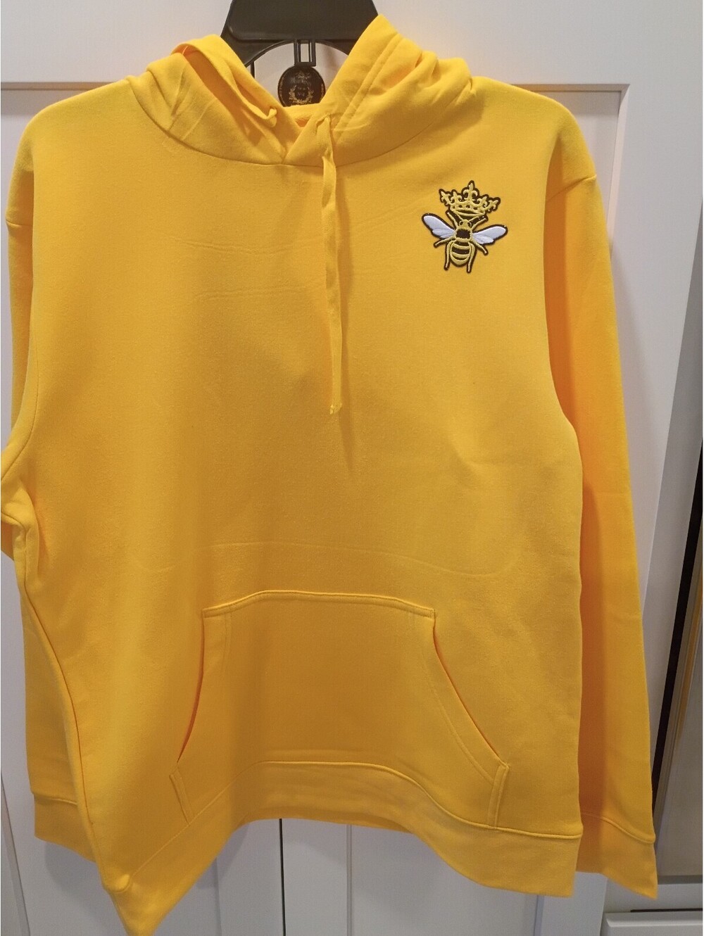 Yellow Hoodie with Crowned Bee Embroidery, Size Large